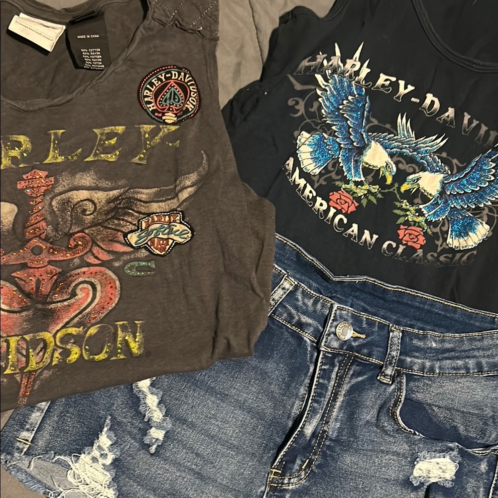 Harley-Davidson Black and Blue Eagle T-Shirt with Denim Jeans